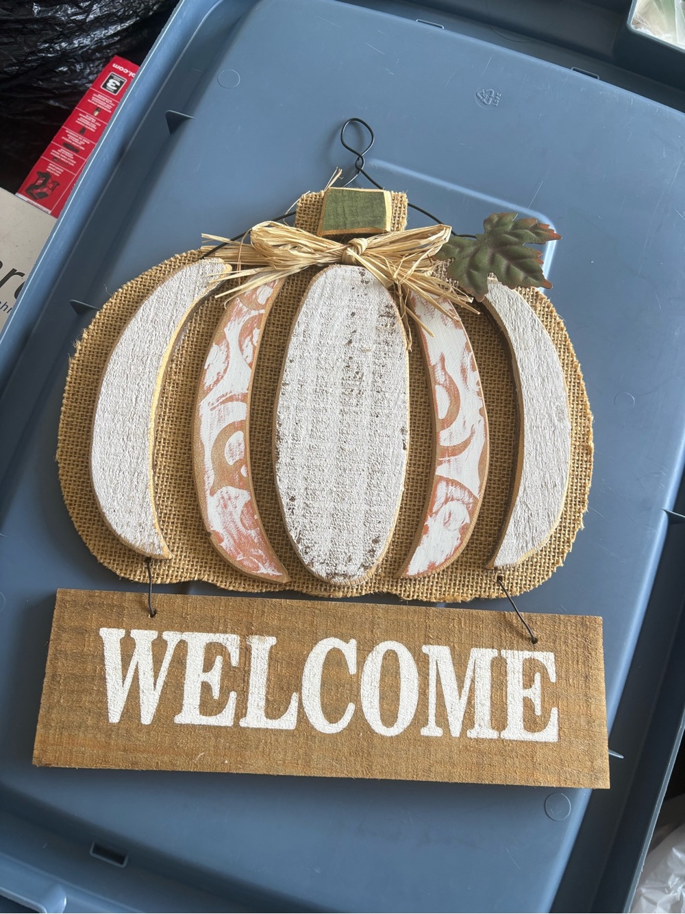 Fall Pumpkin Welcome Wall Hanging - Neutral Burlap & White